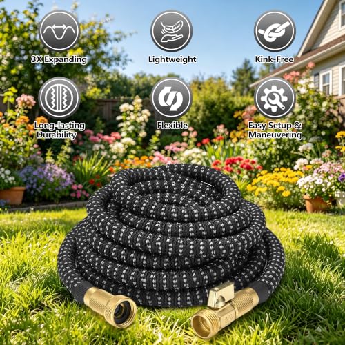 50 ft Expandable Garden Hose - All New 2026 Retractable Water Hose with 3/4" Solid Brass Fittings, Extra Strength Fabric - Flexible Expanding Hose with 10 Pattern Spray Nozzle