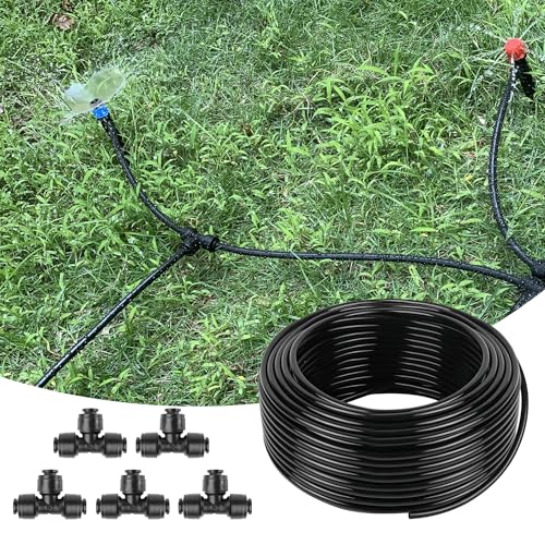 50FT 1/4 Inch Drip Irrigation Tubing with 5 Pack Push-to-Connect 1/4" Tee Connectors, Distribution Drip Line Hose & Universal Tee Fitting, for Drip Irrigation Parts or Drip System and Misting System - color: 50FT, size: 1/4" Tubing