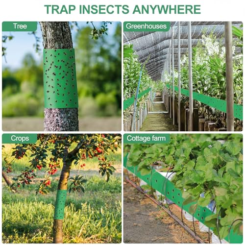4 Rolls 260ft Lantern Fly Tree Tape Outdoor Adhesive Crawling Insect Trap Sticky Traps Sticky Barrier Protecting Trees Outdoor Indoor Fruit Tree Lawn Garden Control Aphids Ant Moth (Green) - color: Green