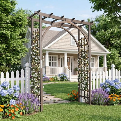 Giantex 85" Wooden Garden Arch Trellis, Wood Flat Top Garden Arbor - color: Dark Brown, size: 63"W x 85"H