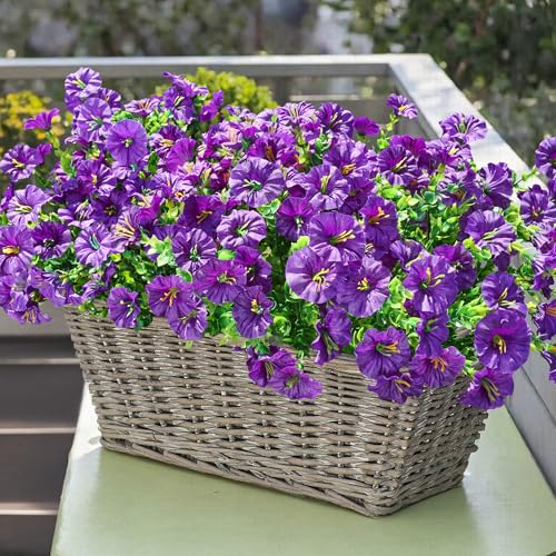 Artificial Flowers Fake Plants for Outdoors Fall Decor, 12 Bundles Purple Silk Morning Glory with Eucalyptus Realistic UV Resistant Faux Flowers Greenery for Outside Planter Yard Garden Home Indoor - color: Purple