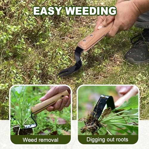 Garden Hand Weeder Tool with Wooden Handle, Manual Weed Puller with Leverage Base for Labor-Saving Removal, Stainless Steel Deep Root Lifter for Dandelions & Thistles