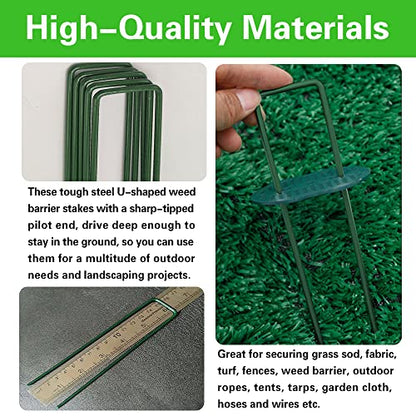 Bakulyor 50pcs Green Artificial Turf Stakes Staples + 50pcs Buffer Washer, 6 Inch 11 Gauge Landscape Staples, Galvanized Lawn Spikes, Heavy Duty Yard Ground Pin for Grass Weed Barrier Sod Fabric - color: Green
