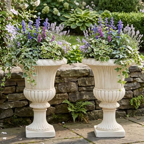 Christopher Knight Home Kyra 24.02" H Classical Urn Planters Set of 2, MGO Round Outdoor Flower Pots, Weather-Resistant Outdoor Planter for Backyard, Fluted Relief Pedestal Planter Pot, Antique White - color: Antique White (C), size: Set Of 2