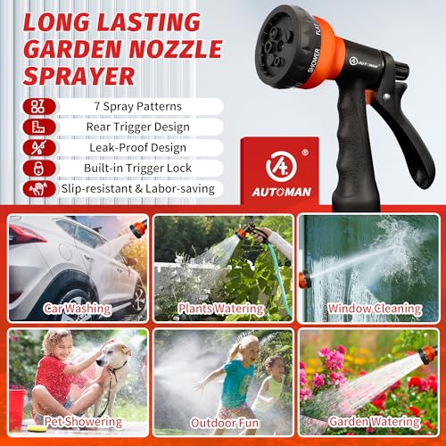 AUTOMAN-Garden-Hose-Nozzle, 2 Pack ABS Water Spray Nozzle with Heavy Duty 7 Adjustable Watering Patterns,Slip Resistant for Watering Plants,Lawn& Garden,Washing Cars,Cleaning, Orange - color: Orange