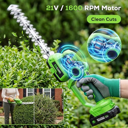 21V Cordless Hedge Trimmer, 2 in 1 Handheld Bush Trimmer with 2 x 2000mAh Batteries + Charger, Electric Grass Shear for Garden Yard Lawn Care, Powerful & Lightweight - size: Hedge Trimmer + 2 Batteries