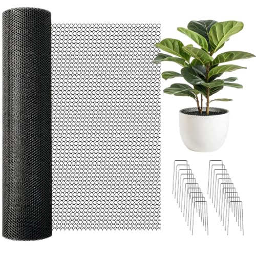 15.7"×157.5" Plant Pot Grid Set, Cat Proof Plant Protector, Cuttable Pot Soil Cover with Stakes, Breathable PE Mesh Keep Cats Out of Indoor & Outdoor Plants, Stop Digging (15.7*157.5 in, black)