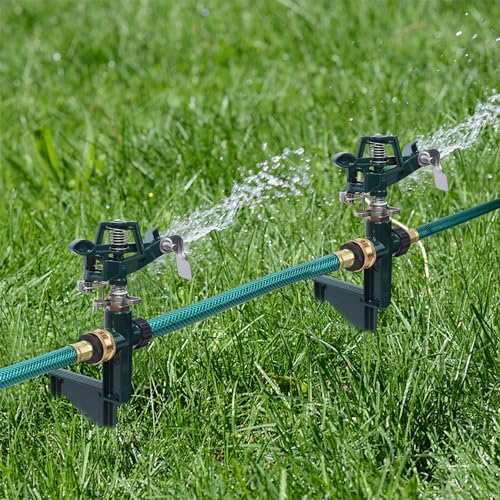 Biswing 2 Pack Impact Sprinkler Head on Metal Step Spike, Heavy Duty Zinc Alloy Lawn Sprinkler, Adjustable Coverage Nozzle on Sturdy Spike Base, 360 Degree Large Area Irrigation, Green - color: Green