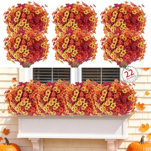 Powbrace 22 Pack Artificial Fall Flowers Mums for Outdoor Indoor(Fall Mix) - color: Autumn Mixed, size: 22 Bundles