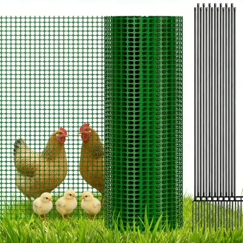 Plastic Chicken Wire Mesh Fence with Metal Stakes, 39.4in x 82ft - color: Green Grid