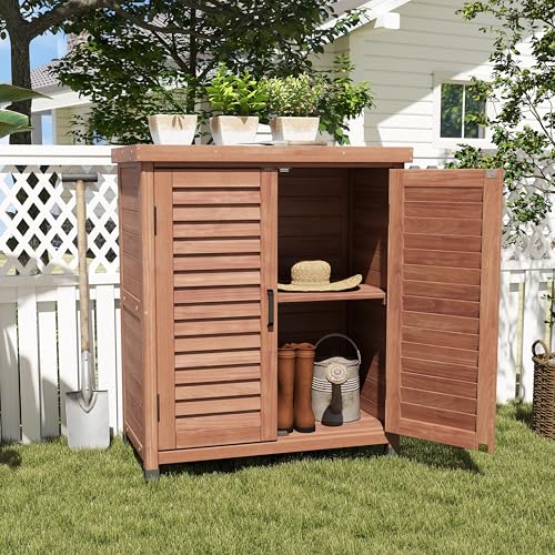 Wood Outdoor Storage Cabinet, Potting Benches for Outside, Potting Table with Storage Cabinet and Metal Table Top, Outdoor Workbench for Garden, Patio, Deck, Brown - color: Brown