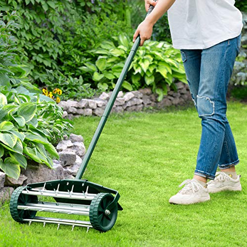 Goplus Rolling Lawn Aerator, 18-Inch Garden Yard Rotary Push Tine Heavy Duty Spike Soil Aeration, Manual Lawn Aeration Tool w/ 41-Inch Handle (Green w/Fender) - color: Green w/ Fender