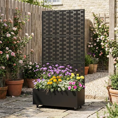 Metal Raised Garden Bed with Trellis and Wheels, 71"x35"x16" (Black-Brick) - color: Black-brick, size: 71"x35"x16"