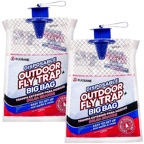 Fly Traps Outdoor Fly Trap for Patio. 2 Large Non-Toxic Pre-Baited Flies Bags Outdoor Disposable. Big Hanging Bug Catchers for All Filth Flies Killer for Outside Bug Control in Yard Horse Ranch. - size: 2pk