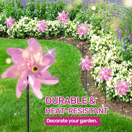 BATTIFE Preassembled Reflective Pinwheels for Yard & Garden, Pink, 10 Pack - color: Pink, size: 10 Pack