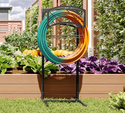 Fire Beauty Heavy-Duty Portable Garden Hose Holder with Storage Basket,80+ lbs Capacity, Modern Geometric Design, Holds 180ft 1/2" Hose,Dual Support Rods & Rustproof Screws - style: Geometric Design