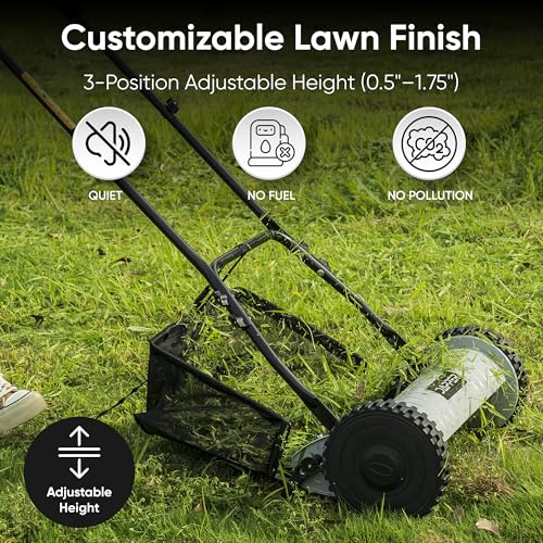 16" Push Reel Lawn Mower with Grass Catcher – Manual 5-Blade Hand Mower, Adjustable 3-Position Cutting Height (0.5"–1.75"), Lightweight & Eco-Friendly – 1-Year Warranty - style: With Grass Catcher