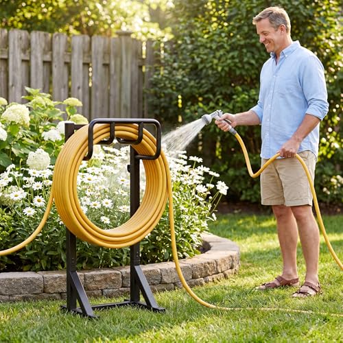 Garden Hose Holder Stand, Freestanding Heavy Duty Metal Hose Holder with Stable Base and Tool Hooks, Rustproof Water Hose Storage Rack for Outside Yard Lawn（2 Pack)