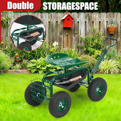 Rolling Garden Cart with Seat, Garden Workseat with 360-Degree Swivel - color: Green