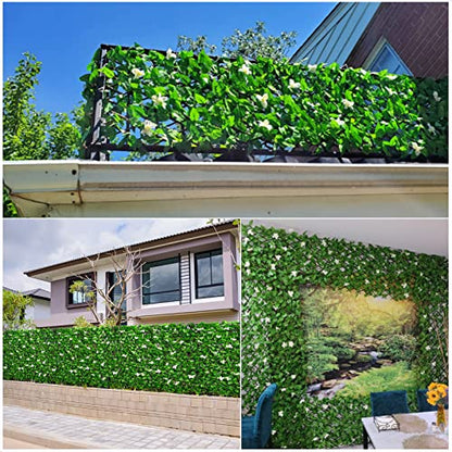 DOEWORKS Expandable Faux Ivy Trellis Fence, Patio Privacy Screen, 1 Pack - color: Green with White Flowers, size: 16 x 45 in, 1 Panel