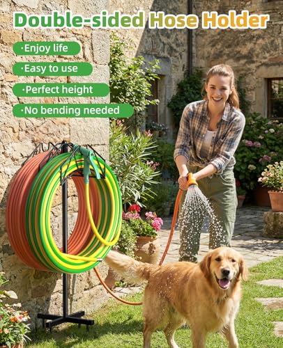 Garden Heavy Duty Hose Holder Stands Storage Rack Freestanding for Outside - color: Double-Hook (Black)