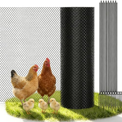 Plastic Chicken Wire Mesh Fence with Metal Stakes, 39.4in x 82ft - color: Black Diamond Grid