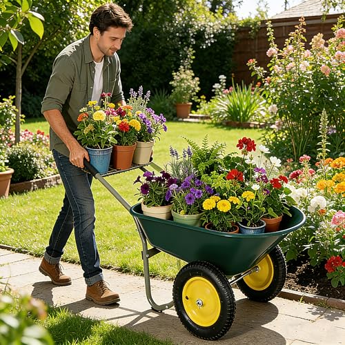 Dual-Wheel Wheelbarrow, 4.5 Cu Ft, 13" Pneumatic Tires - color: 4.5cbf|dark Green