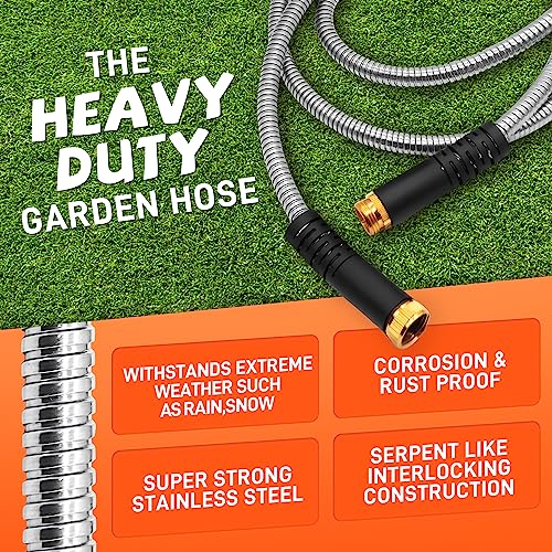 Besiter Garden Hose 50FT Stainless Steel Water Hose with 10 Functions Adjustable Spray Nozzle, Heavy-Duty Metal Garden Hose Flexible Durable No-Tangle & Kink Leak Dog Proof Hose for Yard Lawn(Orange) - size: 50FT