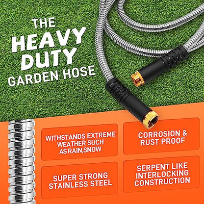 Besiter Garden Hose 50FT Stainless Steel Water Hose with 10 Functions Adjustable Spray Nozzle, Heavy-Duty Metal Garden Hose Flexible Durable No-Tangle & Kink Leak Dog Proof Hose for Yard Lawn(Orange) - size: 50FT