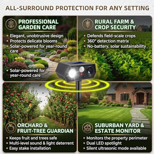 Solar Animal Repellent Outdoor 4 Pack, Ultrasonic Deer Deterrent Devices with Motion Sensor & Flashing Lights, Waterproof Solar Powered Cat Repellent for Garden Yard Squirrel Raccoon Skunk Rabbit Dog