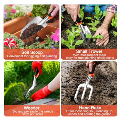 Hand Rake Garden Tool, Heavy Duty Hand Cultivators for Gardening + Garden Tools Set, 8 Piece Gardening Tools Set