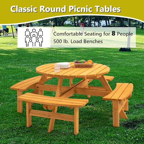 Outdoor Wooden Picnic Table with 4 Built-in Benches and Umbrella Hole for 8 Person，Outside Table and Bench Set Round Picnic Table for Garden, Backyard, Porch,Patio（Natural - size: 8Person-Round-Y