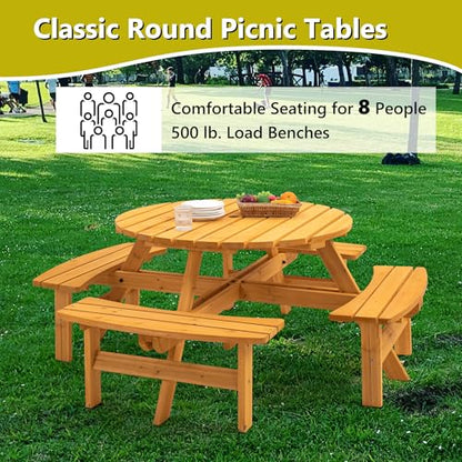 Outdoor Wooden Picnic Table with 4 Built-in Benches and Umbrella Hole for 8 Person，Outside Table and Bench Set Round Picnic Table for Garden, Backyard, Porch,Patio（Natural - size: 8Person-Round-Y