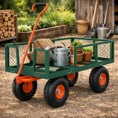 900LBS Heavy Duty Garden Cart, Steel Garden Wagon Cart with 10-Inch Wheels, Adjustable Handle, Utility Garden Wagon for Yard, Gardening, Soil, Tools and Plant Transport - color: Green With Orange, size: 900 LBS