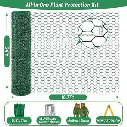 Convivium Plant Protectors from Animals, 0.8mm Free-Cut Green Chicken Wire Mesh, PVC Coated Tree Trunk Guard & Garden Fence for Outdoor Plants with Zip Ties, Stakes, Pliers, Gloves（16.7 Ft*24In） - size: 16.7Ft*24In