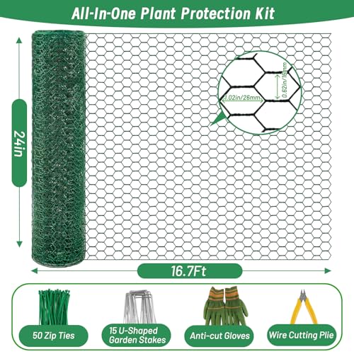 Convivium Plant Protectors from Animals, 0.8mm Free-Cut Green Chicken Wire Mesh, PVC Coated Tree Trunk Guard & Garden Fence for Outdoor Plants with Zip Ties, Stakes, Pliers, Gloves（16.7 Ft*24In） - size: 16.7Ft*24In