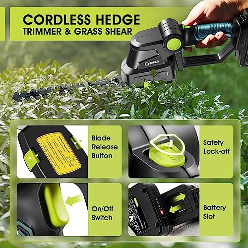 Saker 20V Cordless Hedge Trimmer,2 in 1 Electric Bush Trimmer - color: GREEN HEDGE TRIMMER+1 BATTERY