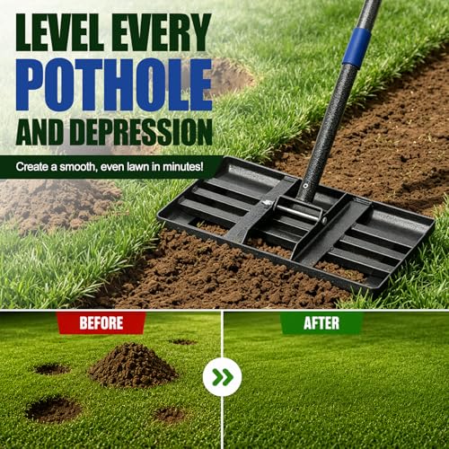 Lawn Leveling Rake,Long Handle Rakes for Lawns Heavy Duty Lawn Leveler Tool for Soil Compost Sand Landscape Rake for Yard Garden Golf Course 17"x10"