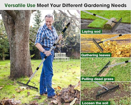 Heavy Duty Bow Rake for Lawns, 17 Tine Metal Rake Level Soil 5.58FT