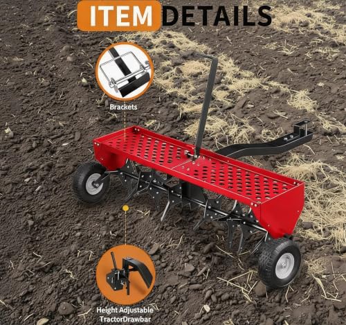 Garvee 48-Inch Tow Behind Plug Aerator,Pull Behind Aerator with Durable Steel Tines Lawn & Tray and Pneumatic Tires Tow Behind Spike Aerator for Lawn, Farm,Planting - color: Black + red, size: 48in