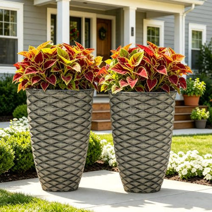 Autodaya 20" Tall Outdoor Planters Set of 2 Plant Pots, Black Wavy Texture - color: Weathered Black-20"h