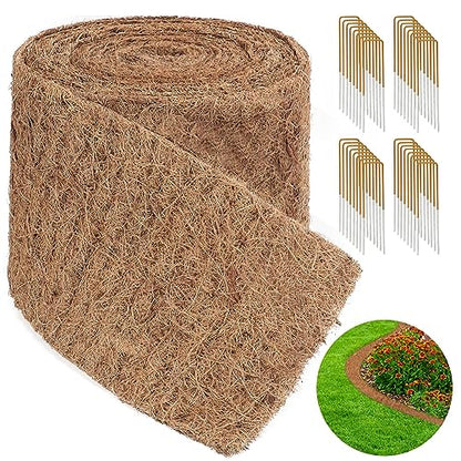 Natural Mulch Roll for Landscaping 240" X 6.3" Coconut Fiber Liner Mulch Mat with 32 U-Shaped Steel Stakes, Thick Mulch Roll for Garden Edging Border, Coconut Liners for Planters, Vegetables & Flowers