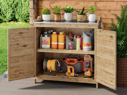 Gizoon Outdoor Potting Bench with Metal Tabletop, Wooden Cabinet, Natural