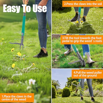 Pragmatist Stand Up Weed Puller Tool with Dual Weed Eject Tech, 4 Claw Steel Head Garden Tools 57.1" Long Handle Weeder, Heavy Duty No Bend Weed Remover for Dandelions, Thistles, Lawn and Yard