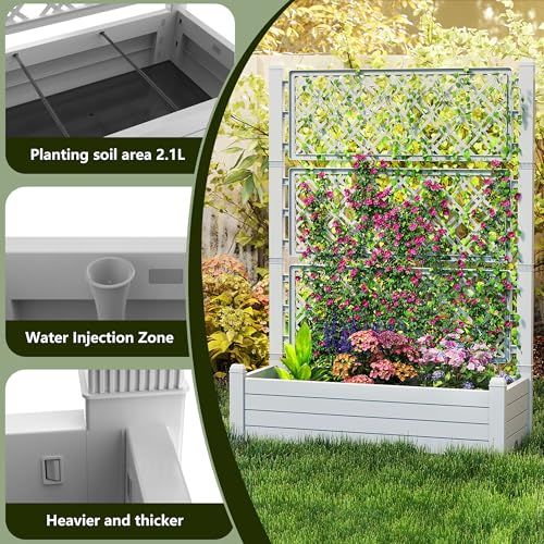 EasyUp Raised Garden Bed with Trellis for Climbing Plants, Outdoor Herb Planter Box with Drainage Plug & Water Gauge, Durable Resin for Patio, Balcony, Yard, Dust-Proof Garden Planter