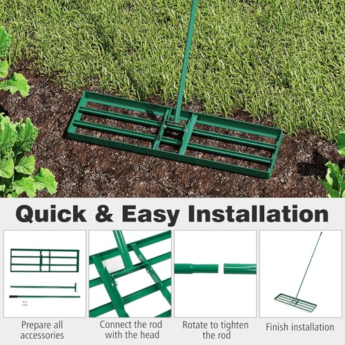 36" x 10" Lawn Leveling Rake, Heavy Duty Landscape Rake with 69" Handle, Non-Slip Grip & Flat Head, Space-Saving Lawn Level Tool for Garden, Backyard, Golf Course & Sports Field (Green) - color: Green