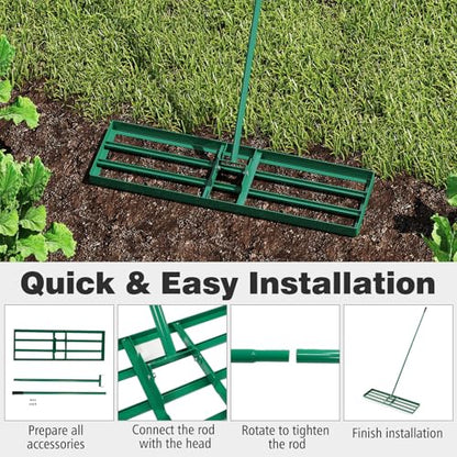 36" x 10" Lawn Leveling Rake, Heavy Duty Landscape Rake with 69" Handle, Non-Slip Grip & Flat Head, Space-Saving Lawn Level Tool for Garden, Backyard, Golf Course & Sports Field (Green) - color: Green