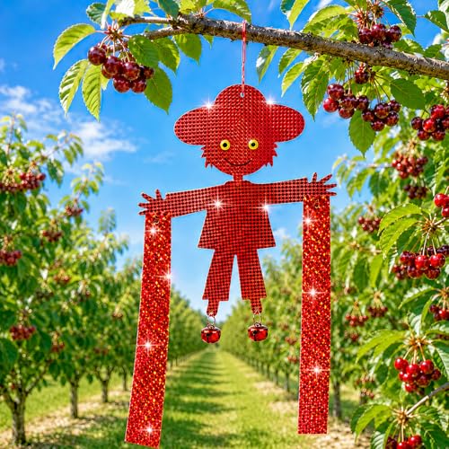 Hanging Bird Scare Reflective Devices, Double-Sided Highly Reflective Bird Deterrents Shiny Scarecrow Shape Reflectors with Bell to Scare Birds Away from Yards, Patios, and Farms (Silver + Red)