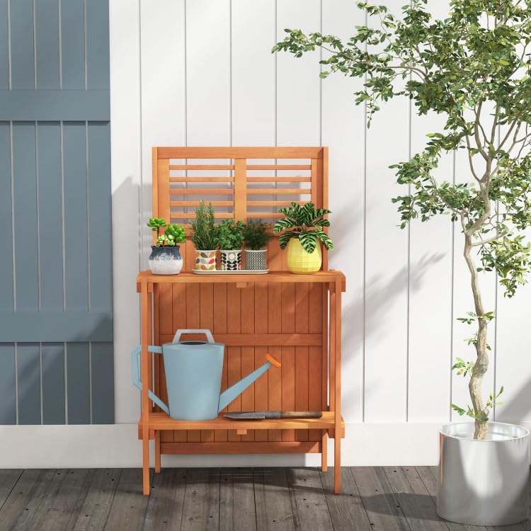 25x13.5x44in Foldable Potting Bench 2-Tier Shelves Teak Oil Wood for Garden Balcony Yard