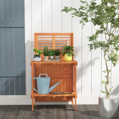 25x13.5x44in Foldable Potting Bench 2-Tier Shelves Teak Oil Wood for Garden Balcony Yard